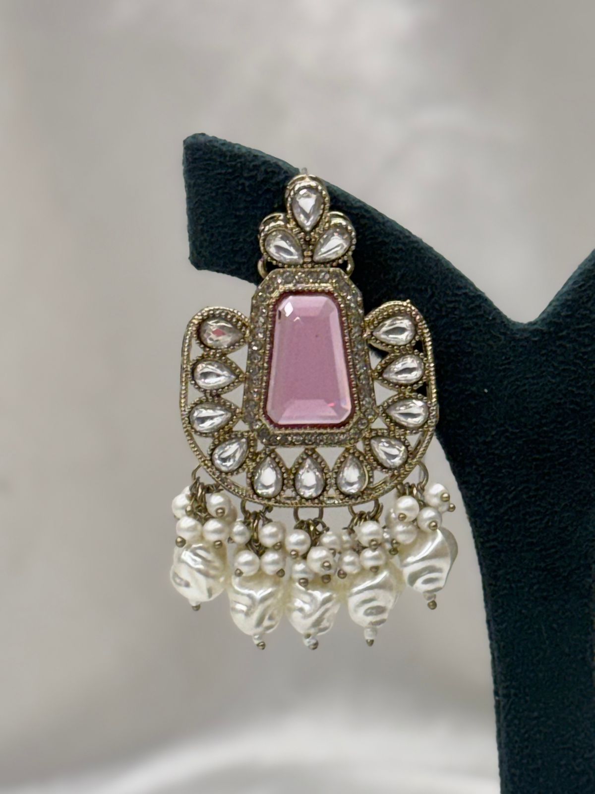 Ruby Pink Kundan Chandbali Earrings with Baroque Pearl Drops,llb629