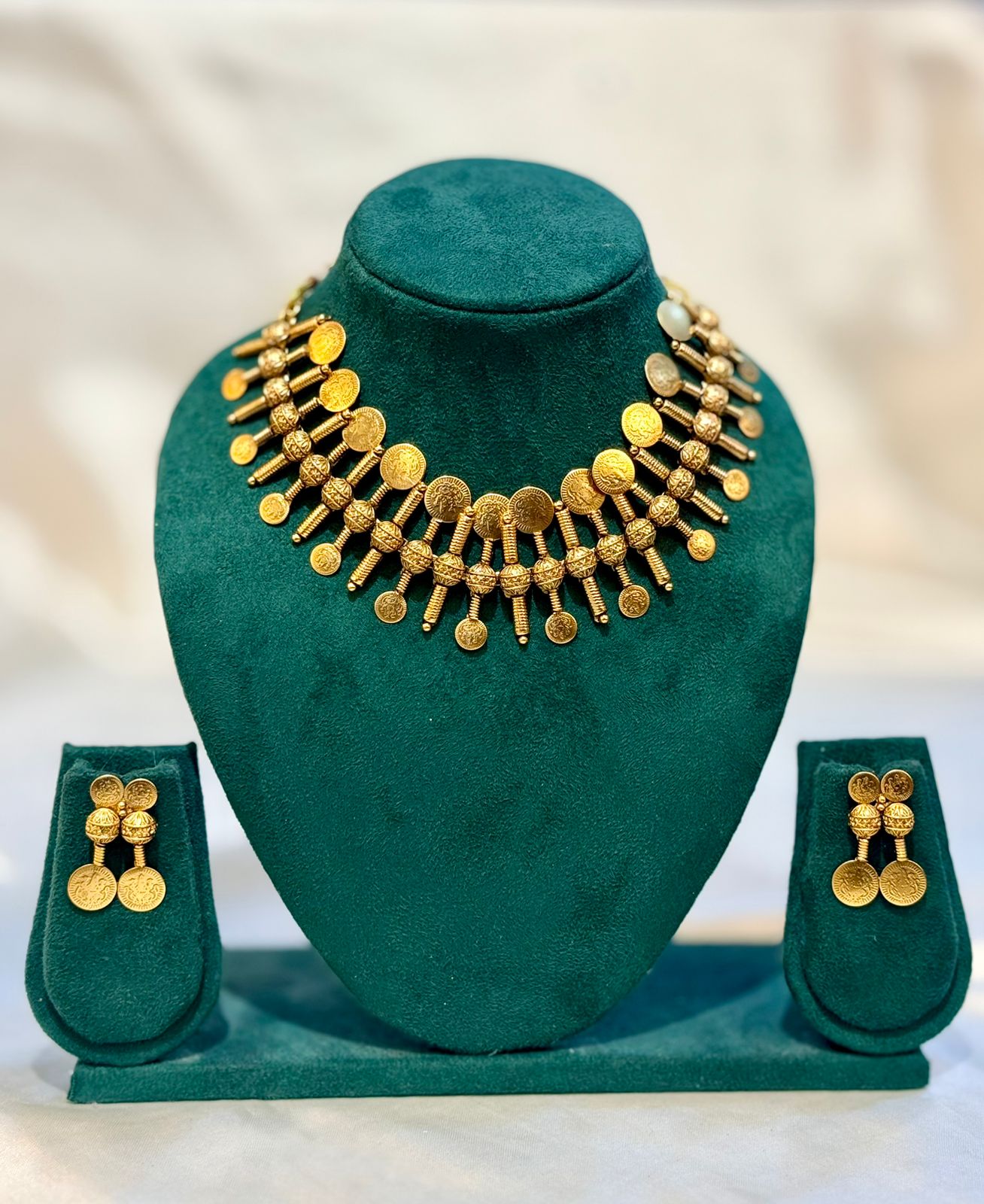 Antique Gold Kasu Coin & Bead Spike Choker Necklace & Jhumka Earring Set | llb092