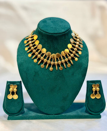 Antique Gold Kasu Coin & Bead Spike Choker Necklace & Jhumka Earring Set | llb092