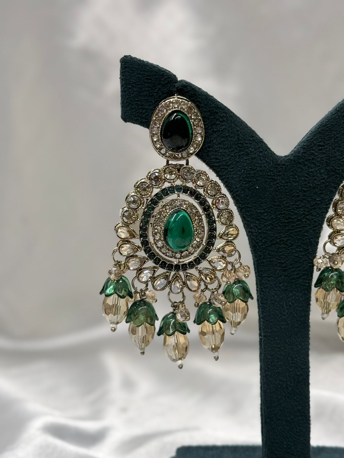 Emerald Green Kundan Chandbali Earrings with Crystal Drops,llb624