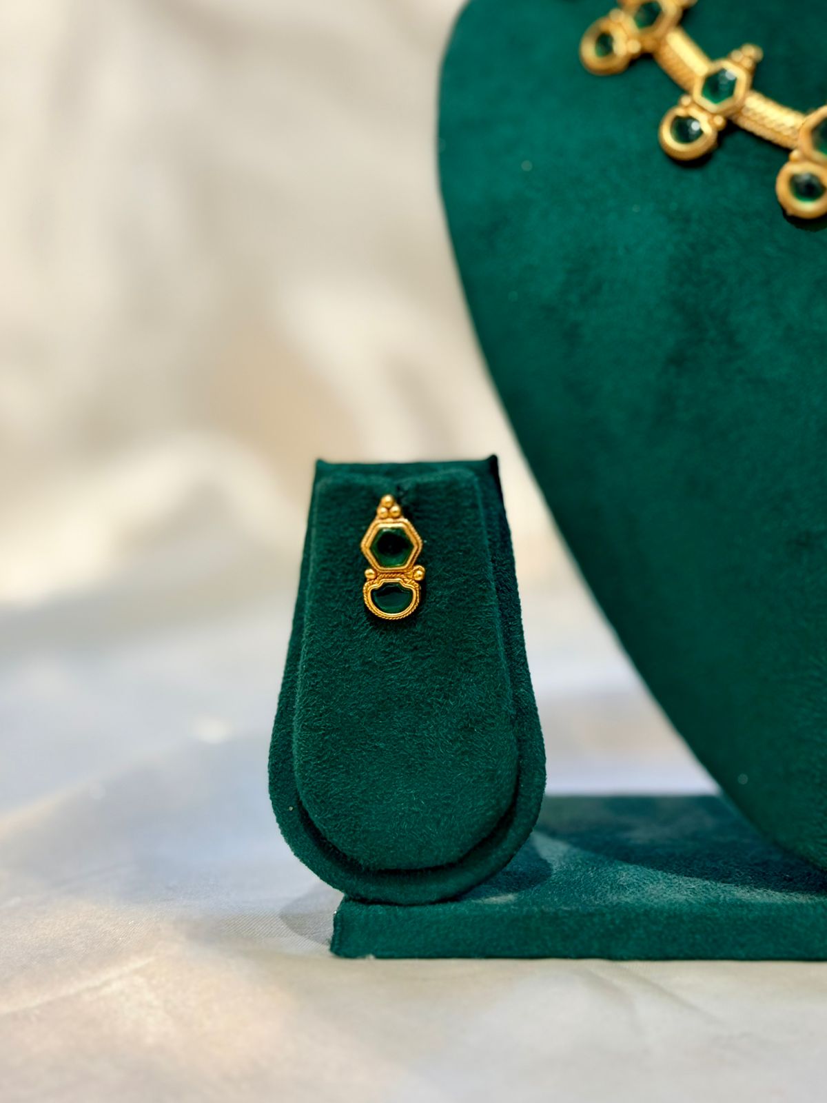 Antique Gold Emerald Hexagon Stone Choker Necklace & Stud Earring Set | llb093