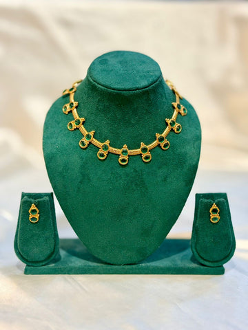 Antique Gold Emerald Hexagon Stone Choker Necklace & Stud Earring Set | llb093