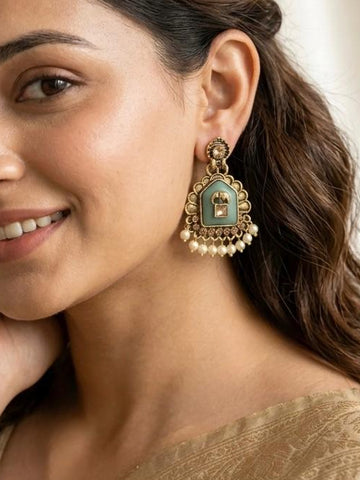 Antique Gold Mint Green Meenakari Earrings with Elephant Motif & Pearl Drops | llb0106