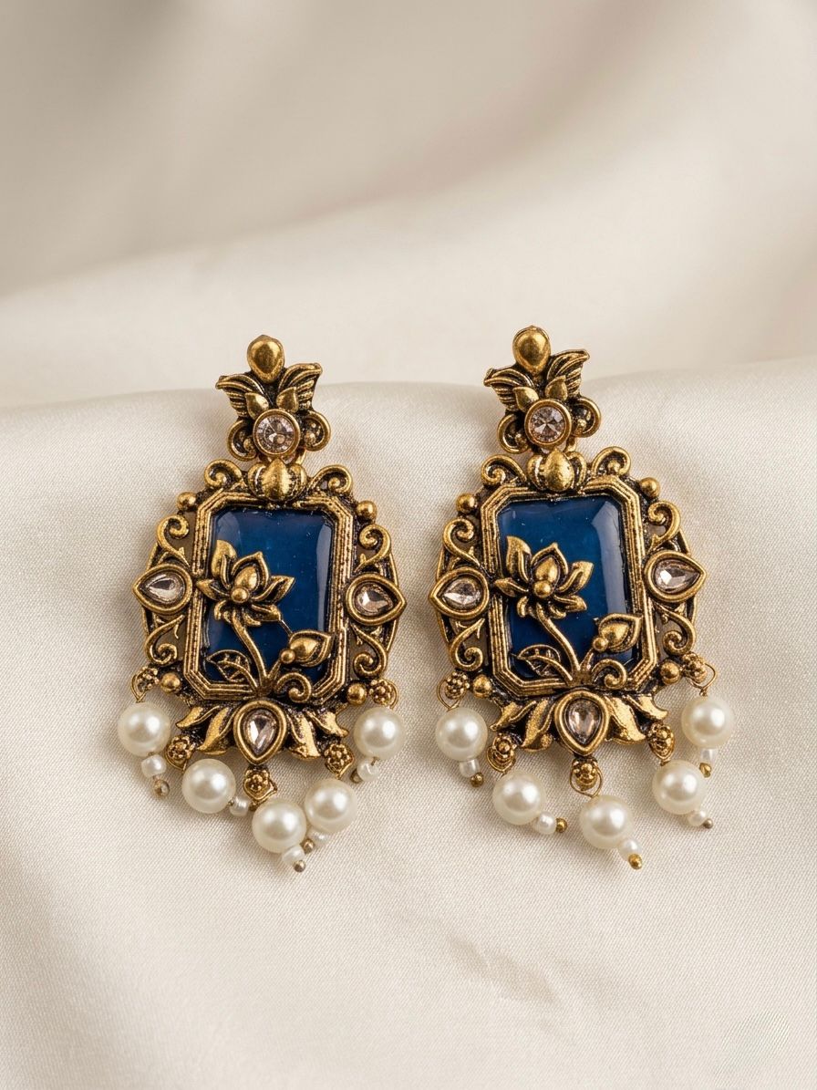 Antique Gold Blue Meenakari Rectangular Earrings with Kundan & Pearl Drops |llb0105