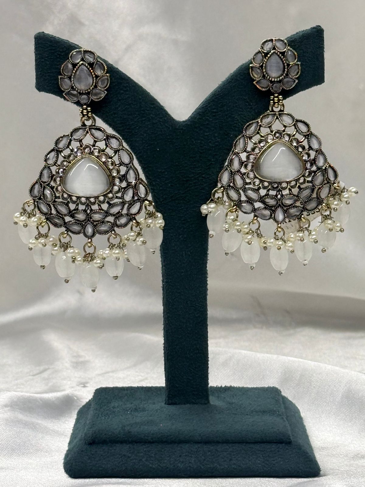 Grey Kundan Chandbali Earrings with Pearl Drops,llb626