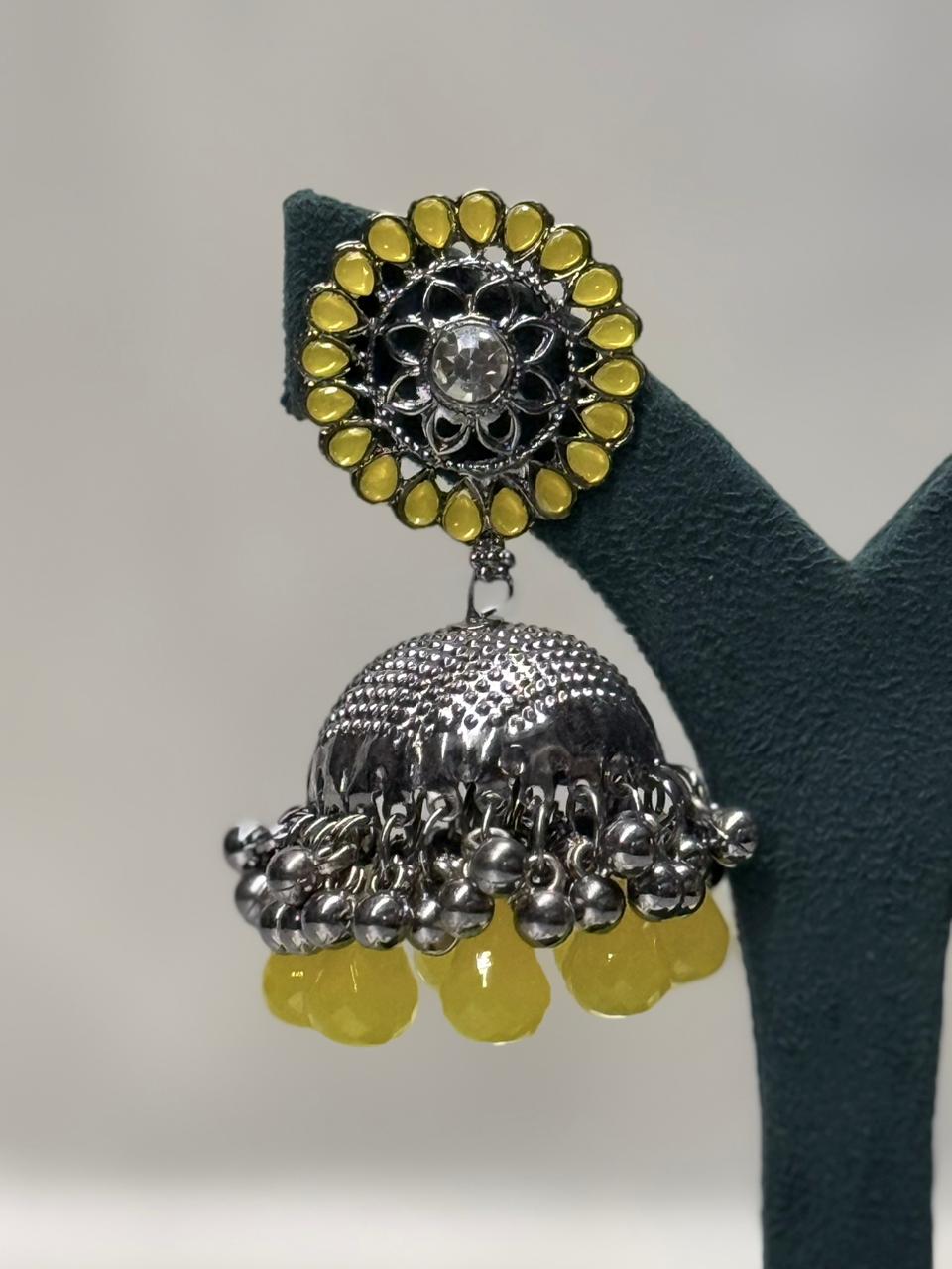 Yellow Stone Oxidised Silver Jhumka Earrings for Women,llb597