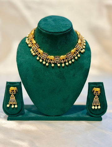 Antique Gold Elephant Filigree Pearl Drop Necklace & Earring Set | llb095