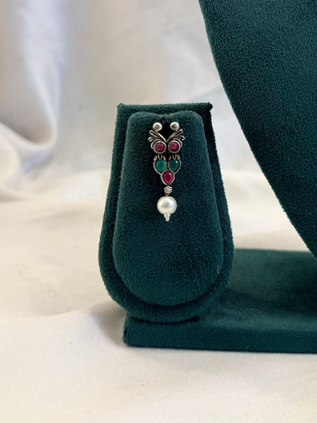 Oxidised Silver Ruby & Emerald Leaf Choker Necklace Set with Pearl Drop Earrings | llb960
