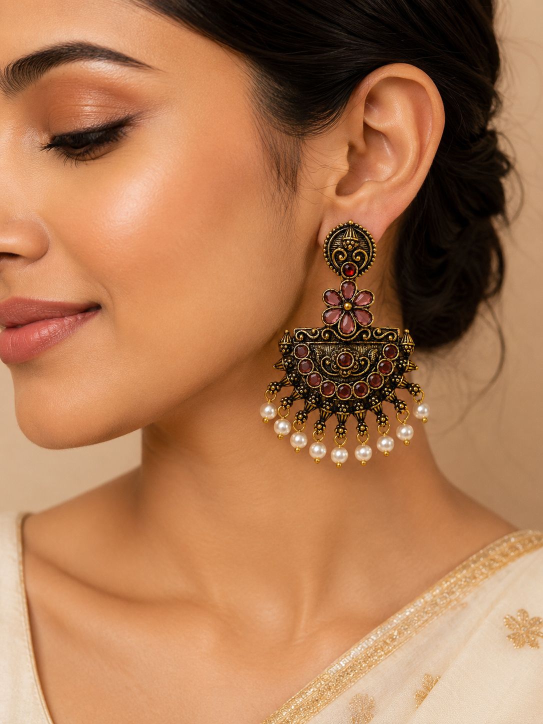 Antique Gold Chandbali Earrings with Ruby Stones & Pearl Drops | llb037