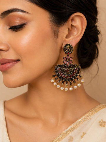 Antique Gold Chandbali Earrings with Ruby Stones & Pearl Drops | llb037