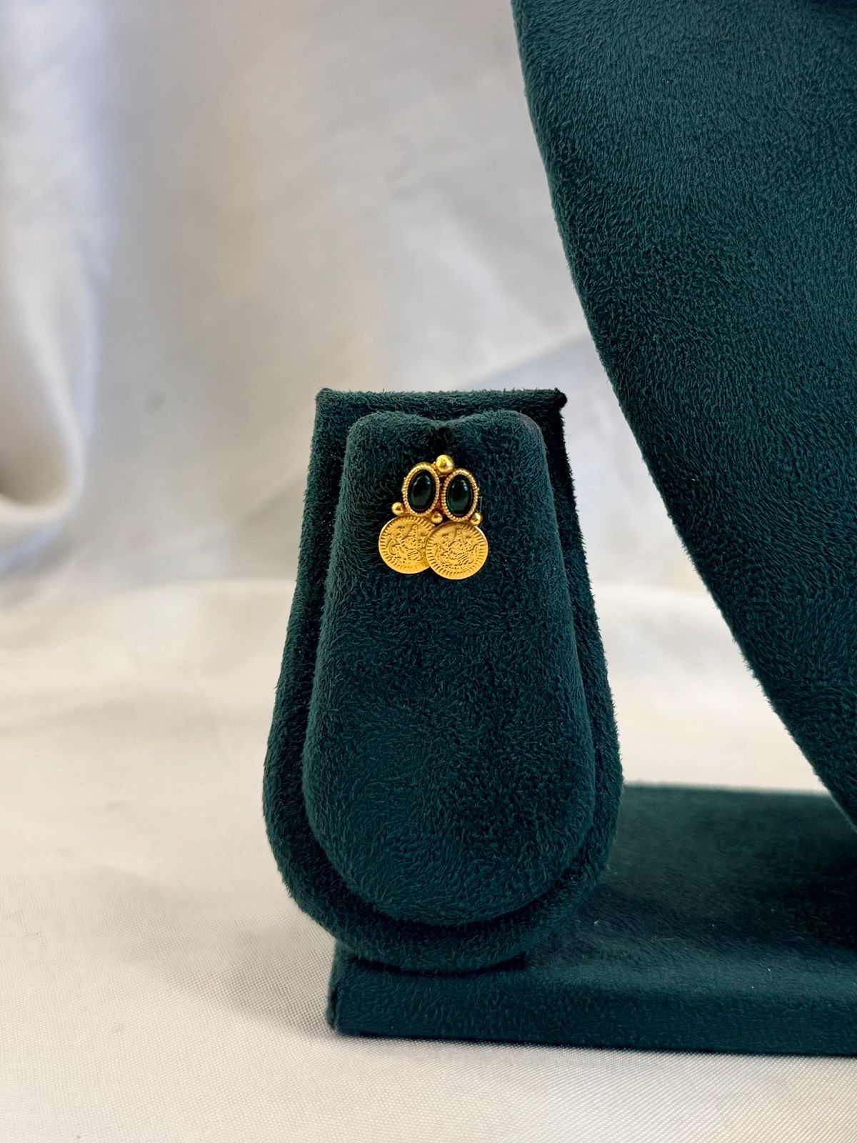 Antique Gold Double Row Kasu Coin Choker with Emerald Oval Stones & Coin Earrings | llb968