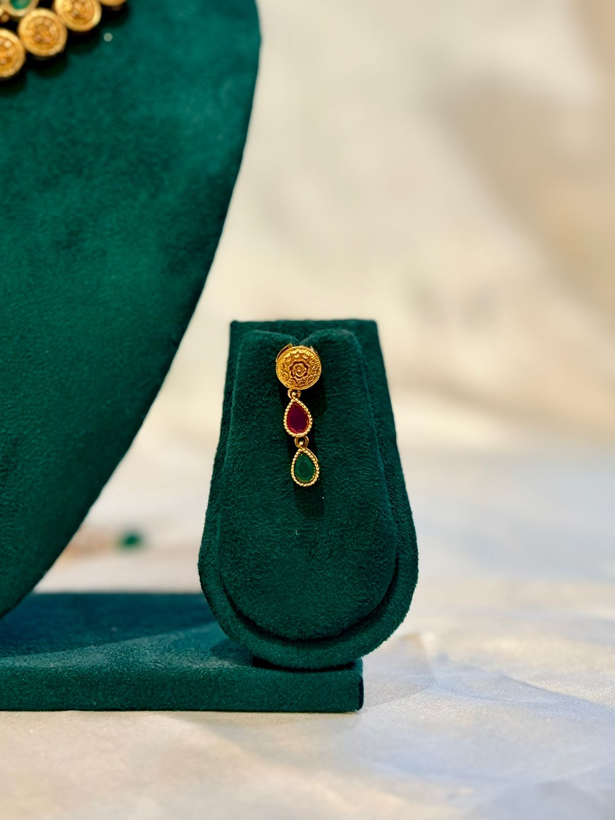 Antique Gold Engraved Coin Ruby Emerald Teardrop Necklace & Drop Earring Set | lllb097