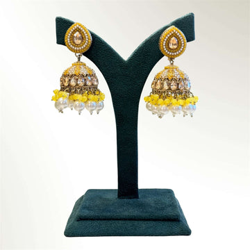 Gold Kundan Jhumka Earrings with Yellow Crystal Beads & Baroque Pearl Drops | llb977