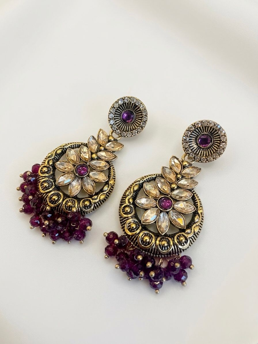 Purple Kundan Floral Chandbali Earrings | llb0119