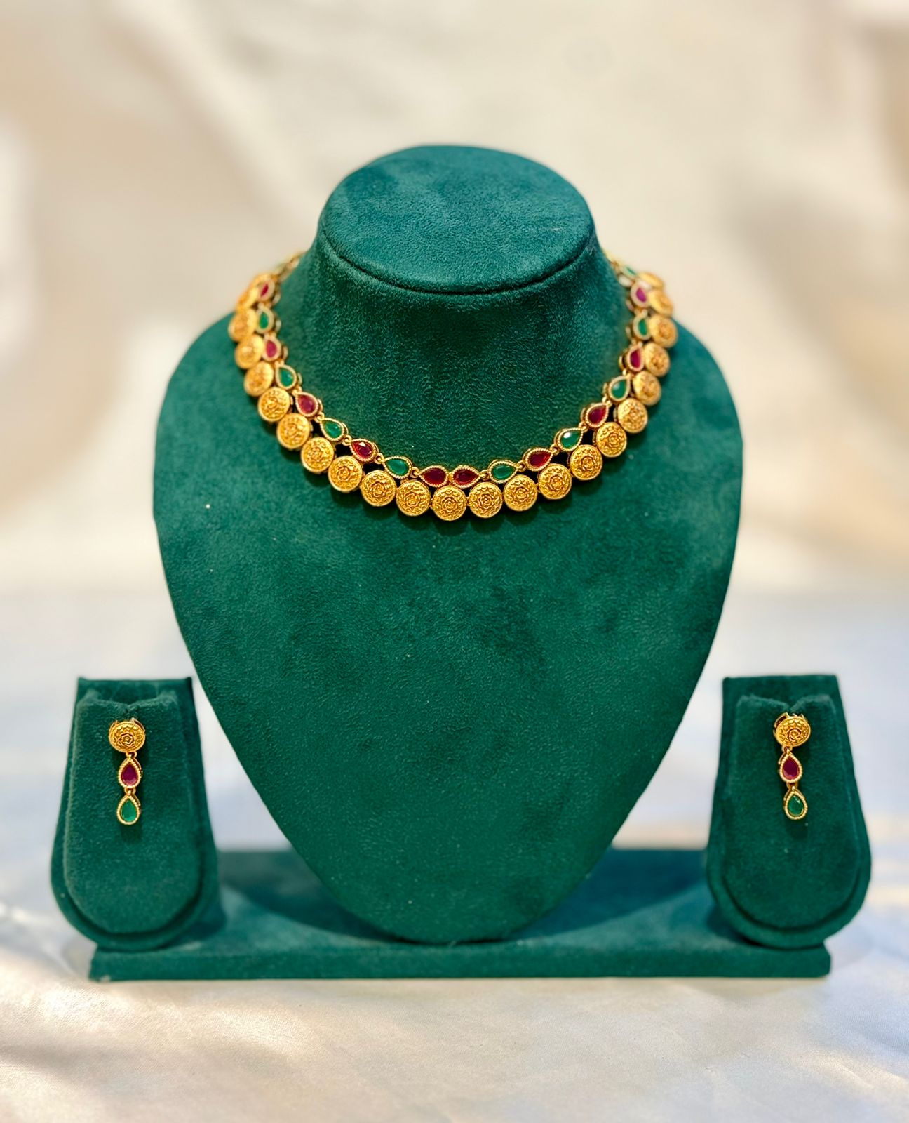 Antique Gold Engraved Coin Ruby Emerald Teardrop Necklace & Drop Earring Set | lllb097