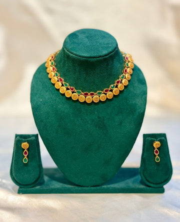 Antique Gold Engraved Coin Ruby Emerald Teardrop Necklace & Drop Earring Set | lllb097