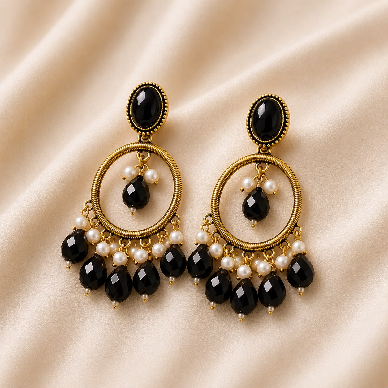 Black Onyx & Pearl Chandbali Earrings | llb0155