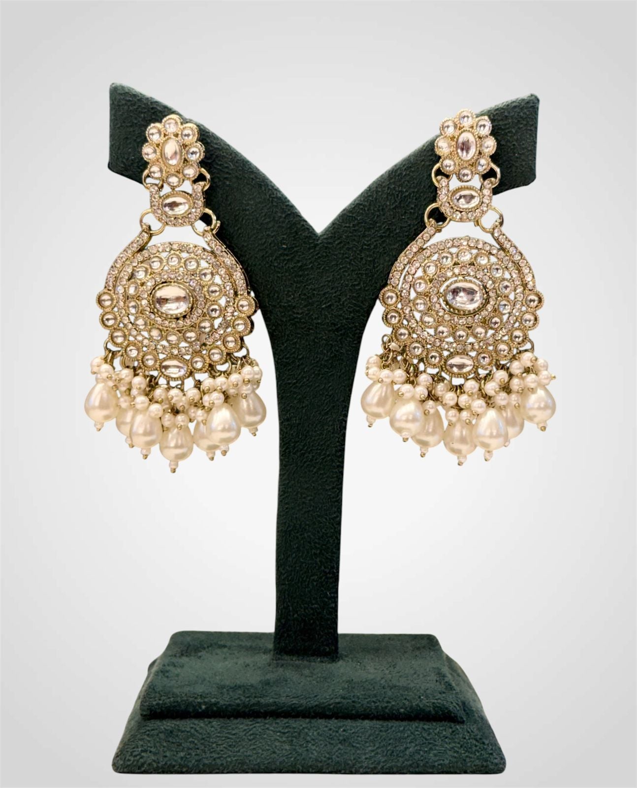 Gold Kundan Chandbali Earrings with Pearl Drops & Polki Stones | llb980
