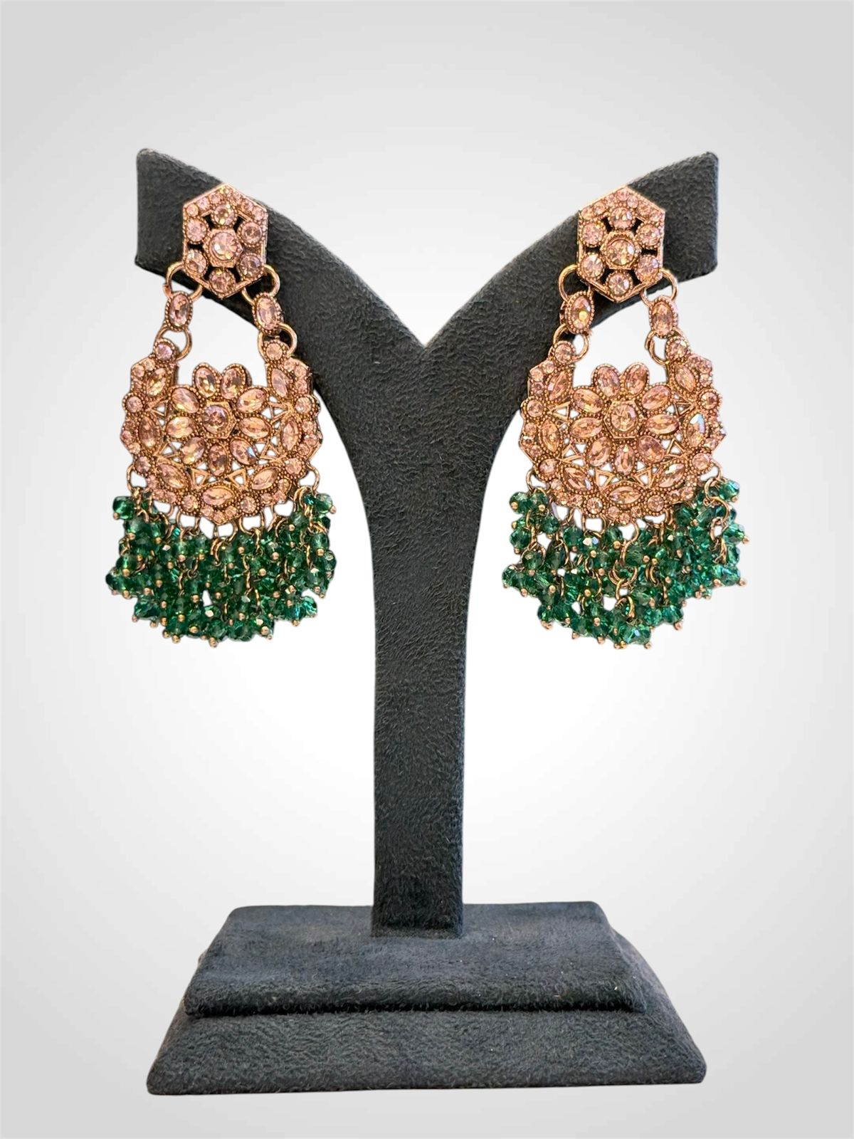Rose Gold Kundan Chandbali Earrings with Emerald Green Crystal Drops | llb984