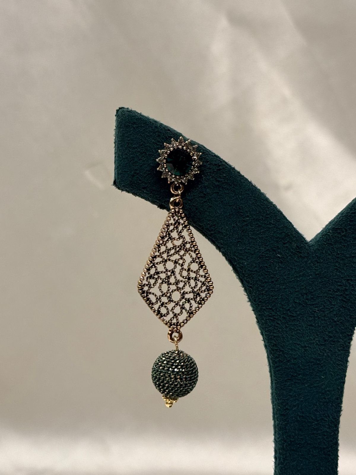 Vintage Green Crystal Drop Earrings with Filigree Detail,llb708