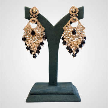 Gold Kundan Chandbali Earrings with Black Onyx Stones & Crystal Pearl Drops | llb985