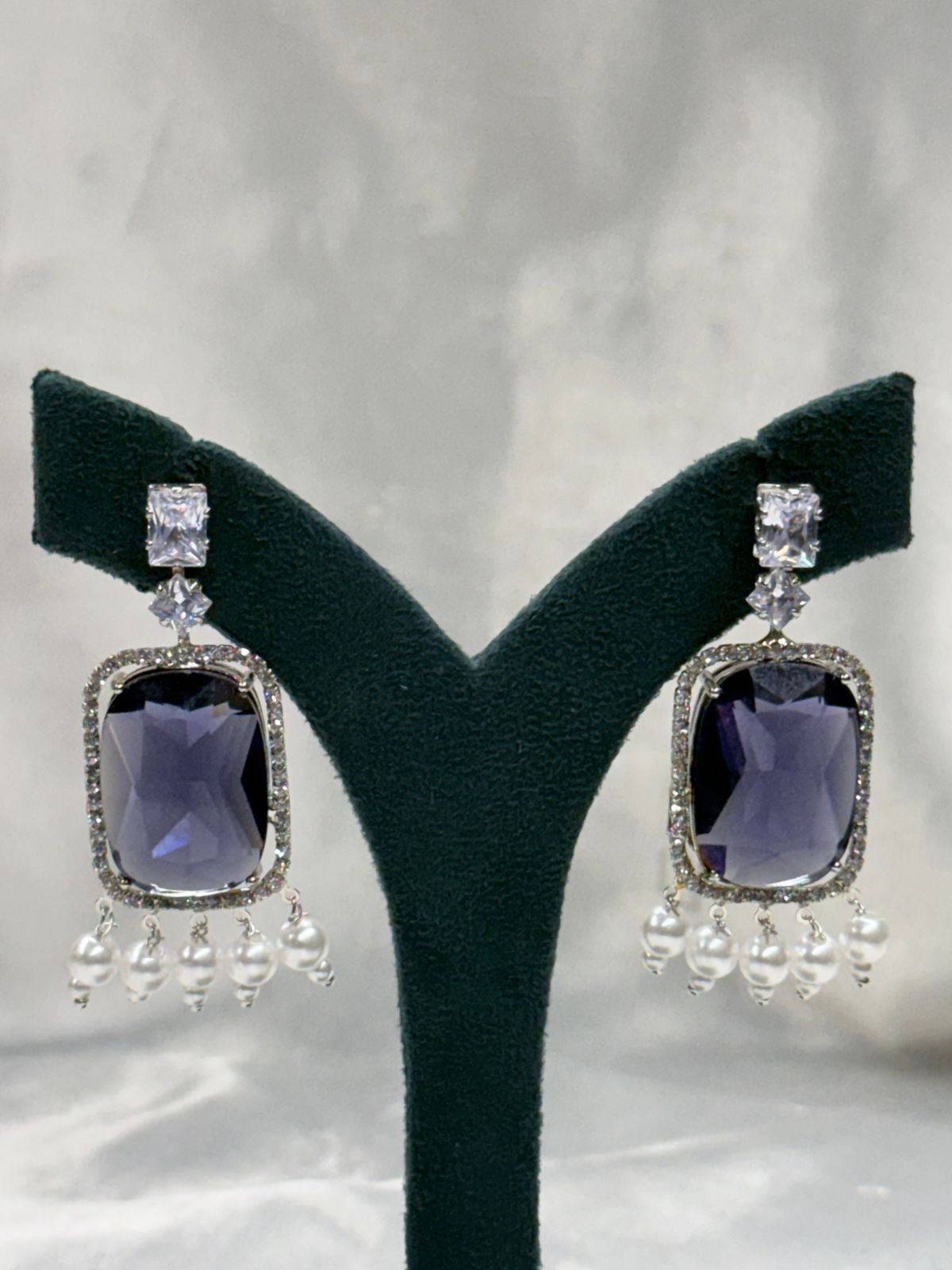 Dark Blue Stone Crystal Earrings with Pearl Drops,llb564