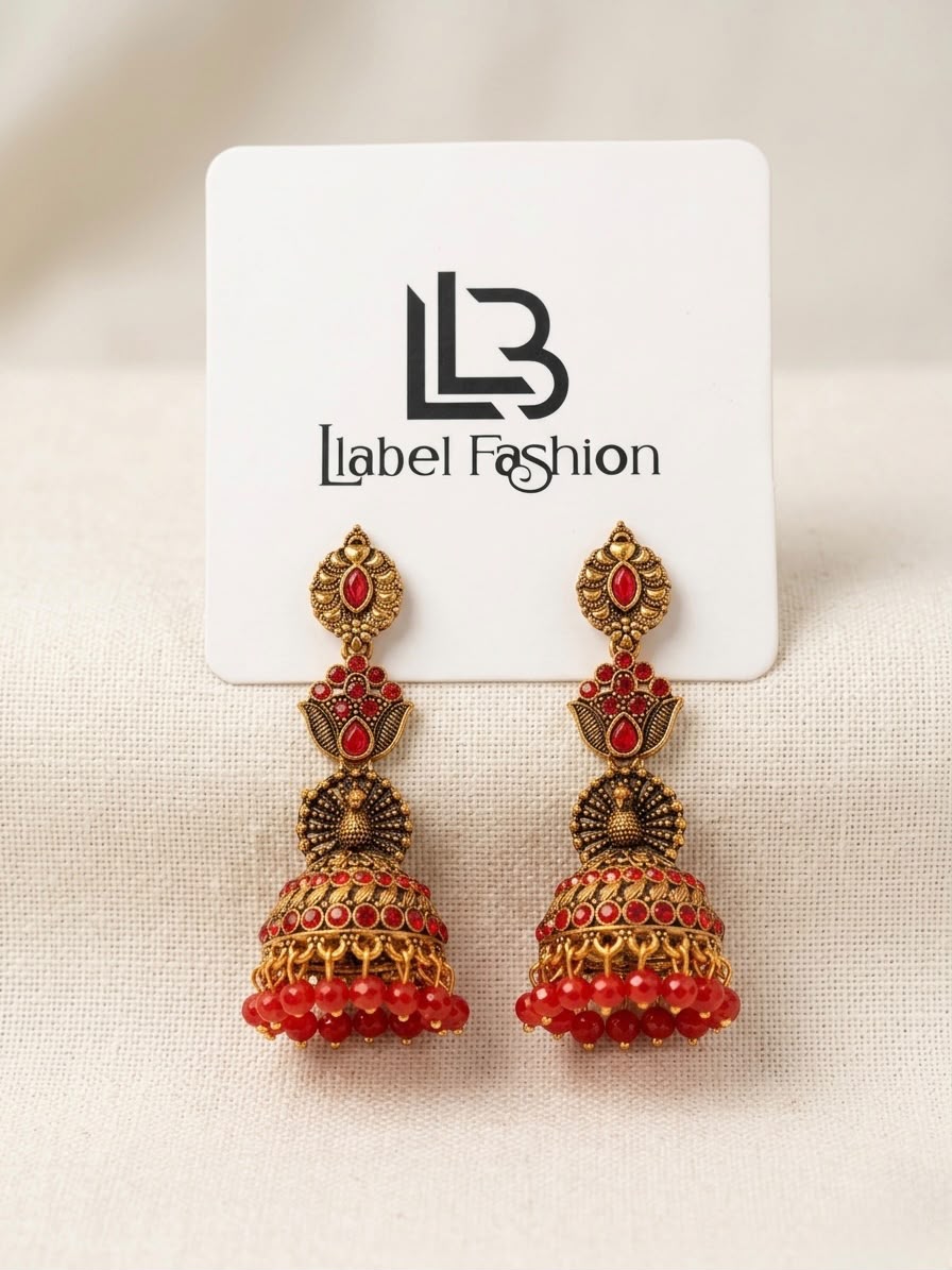 Red Antique Gold Jhumka Earrings | llb0149