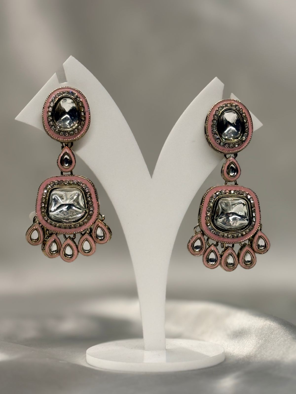 Pink Kundan Stone Dangle Earrings with Crystal Detailing,llb639