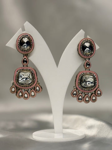 Pink Kundan Stone Dangle Earrings with Crystal Detailing,llb639