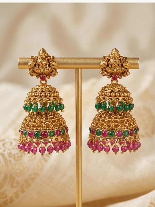 Temple Lakshmi Triple Tier Jhumka Earrings with Emerald & Ruby | LLB0166