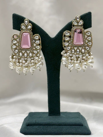 Ruby Pink Kundan Chandbali Earrings with Baroque Pearl Drops,llb629