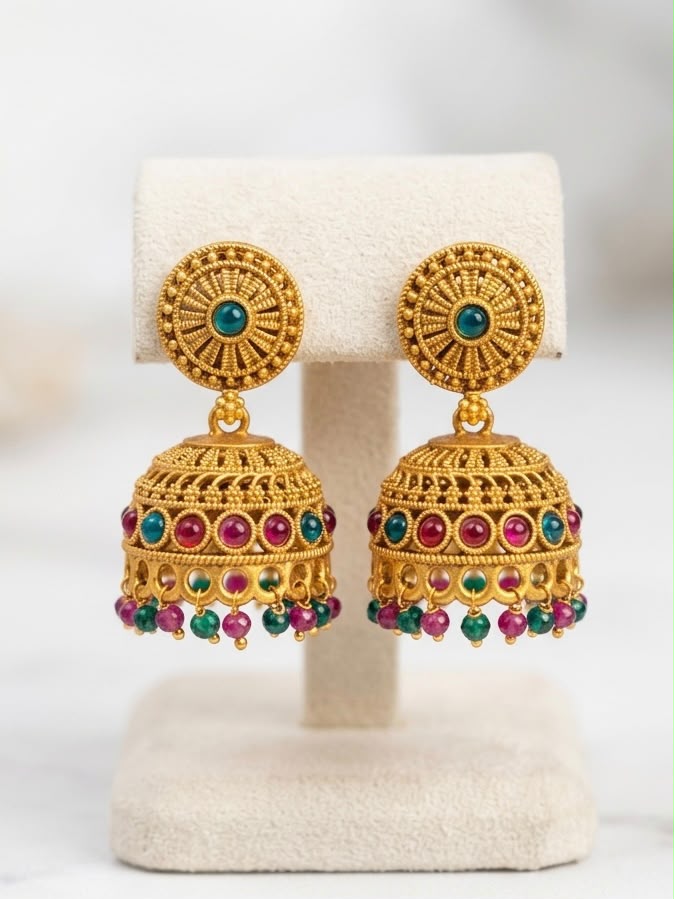 Antique Gold Ruby & Emerald Stone Jhumka Earrings | LLB0169