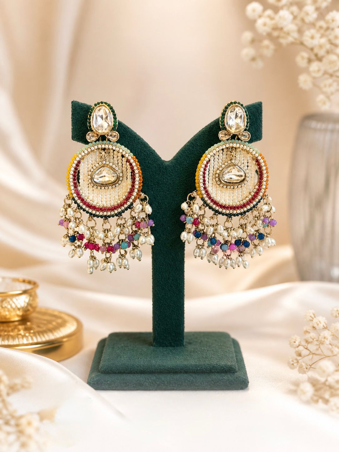 Multicolour Kundan Chandbali Earrings with Pearl Drops | llb997