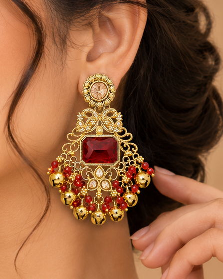 Gold Red Square Filigree Ghungroo Tassel Earrings | OLT102