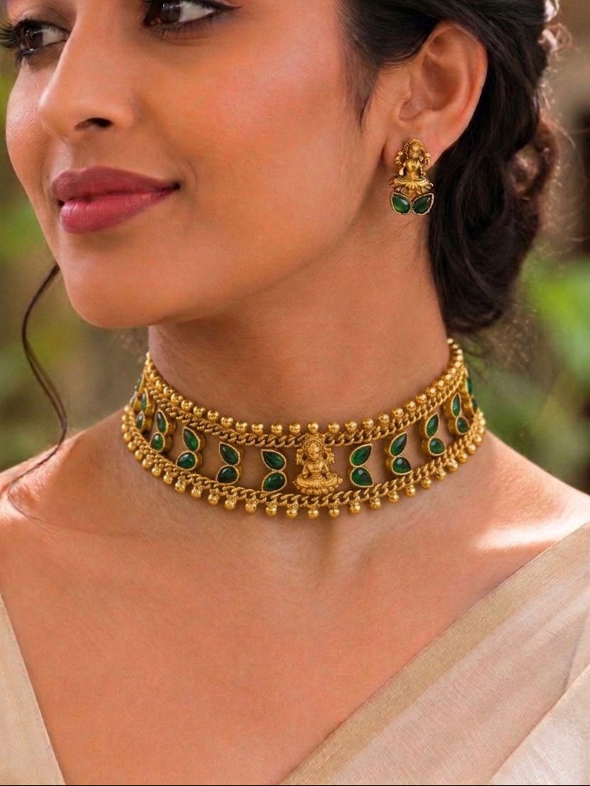 Lakshmi Temple Choker Necklace Set with Green Stones & Earrings |llb029