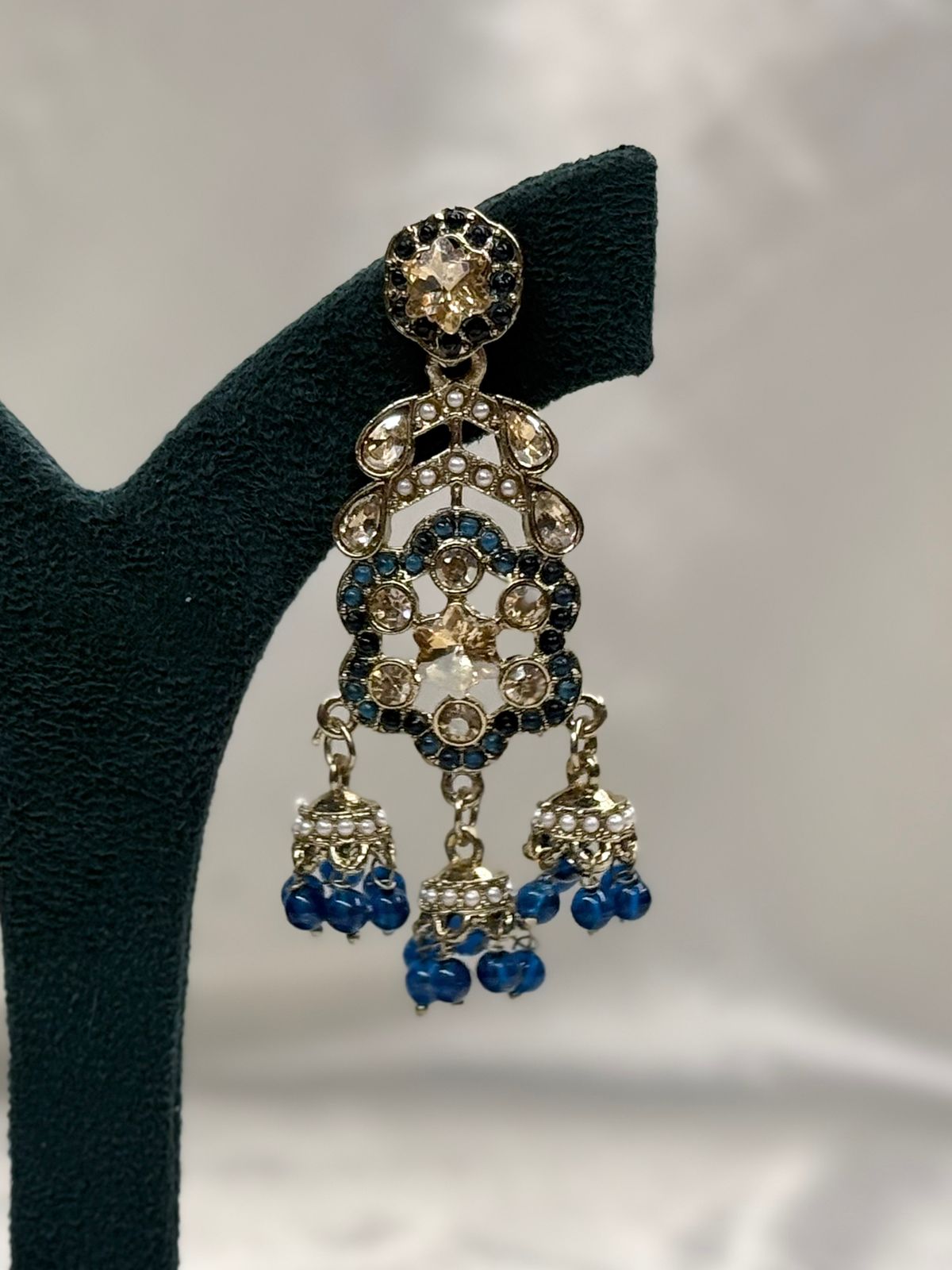 Blue Kundan Jhumka Earrings with Crystal & Pearl Drops,llb623