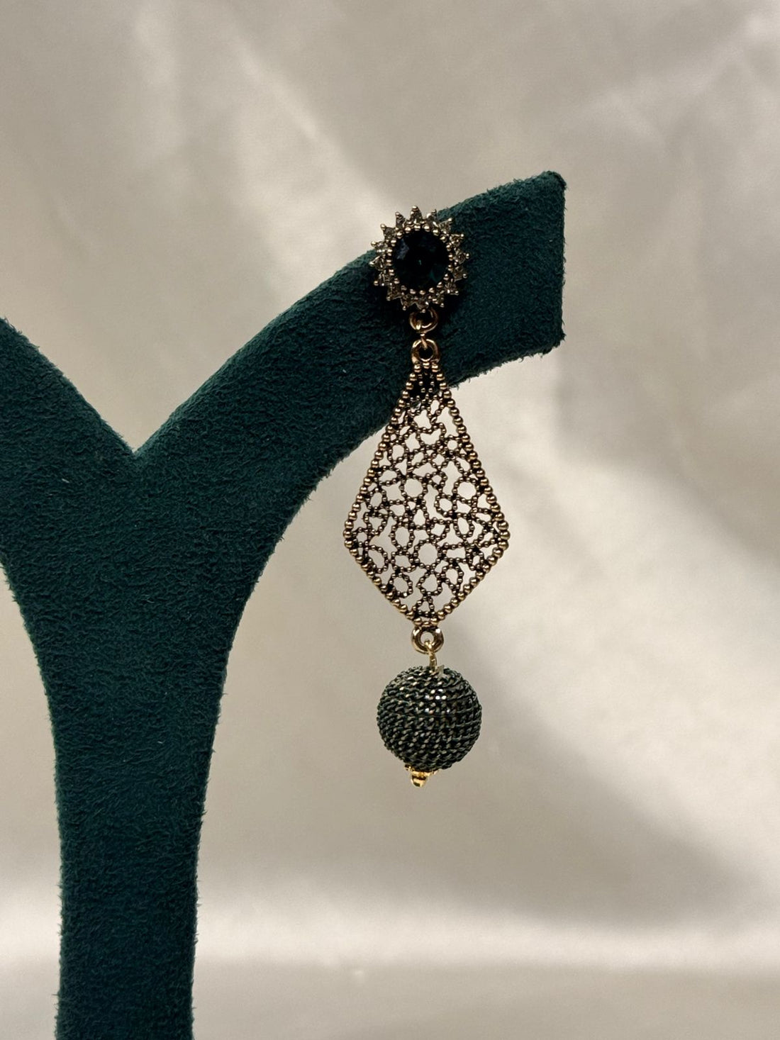 Vintage Green Crystal Drop Earrings with Filigree Detail,llb708