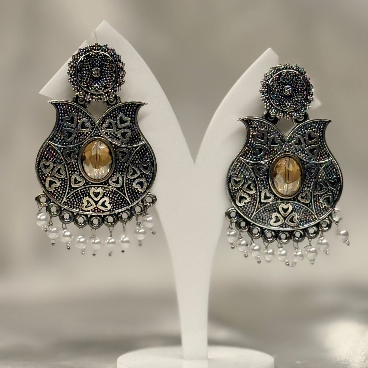 Oxidised Silver Heart Pattern Chandbali Earrings with Yellow Stone,llb645
