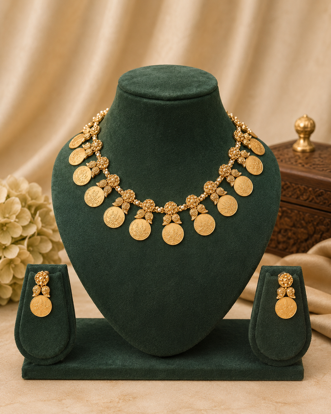 Antique Gold Lakshmi Coin Floral Necklace Set | ONK29