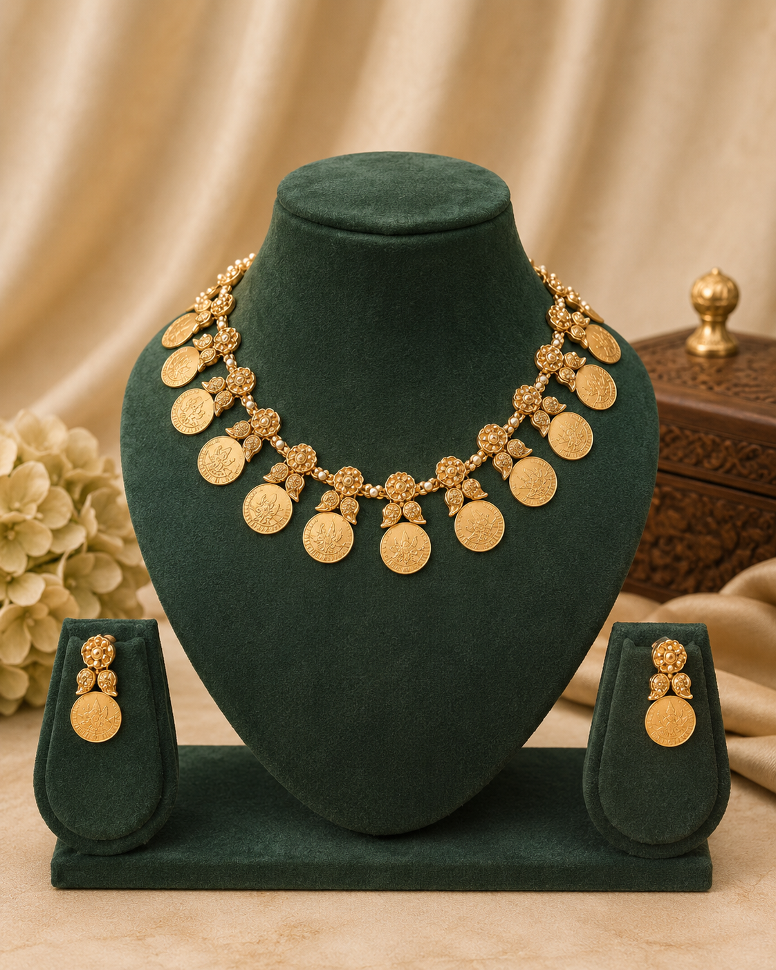 Antique Gold Lakshmi Coin Floral Necklace Set | ONK29