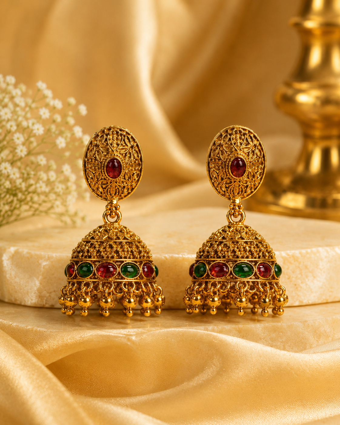 Antique Gold Oval Filigree Jhumka Earrings with Ruby & Emerald | OL196
