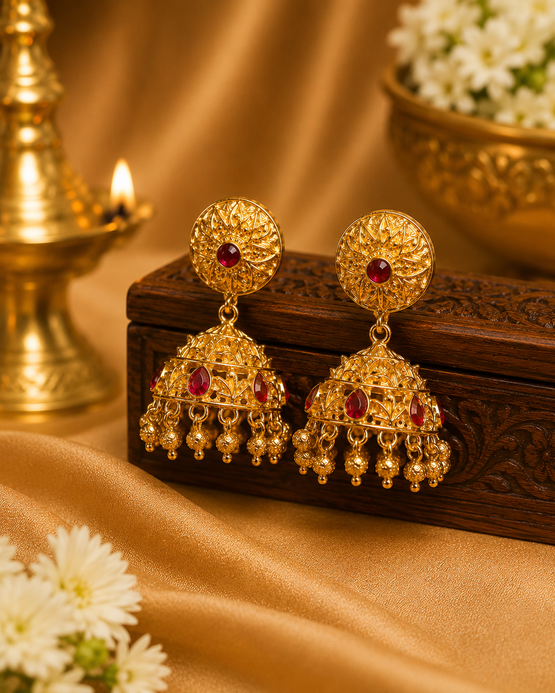 Antique Gold Filigree Jhumka Earrings with Ruby Stones | OL196
