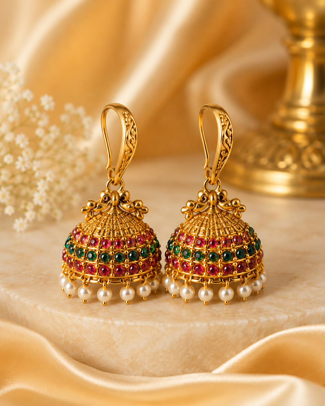 Antique Gold Ruby Emerald Bead Dome Jhumka Earrings with Pearls | OL223