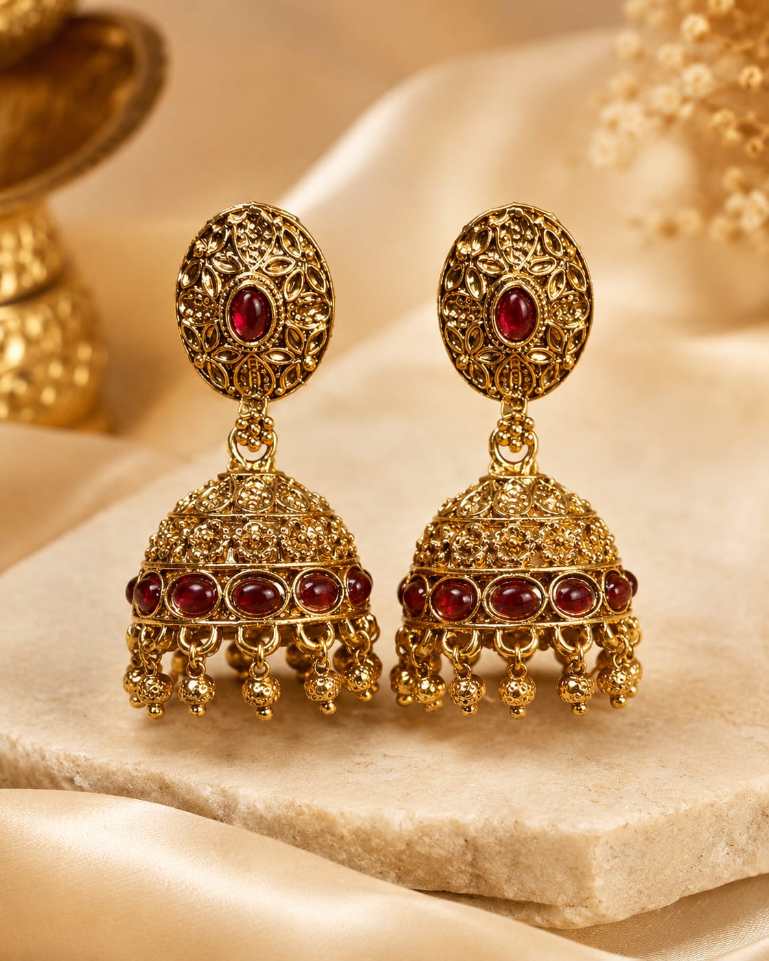 Antique Gold Oval Filigree Jhumka Earrings with Ruby & Emerald | OL196