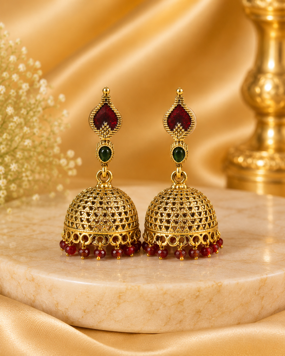 Antique Gold Lattice Dome Jhumka Earrings with Ruby & Emerald | OL217