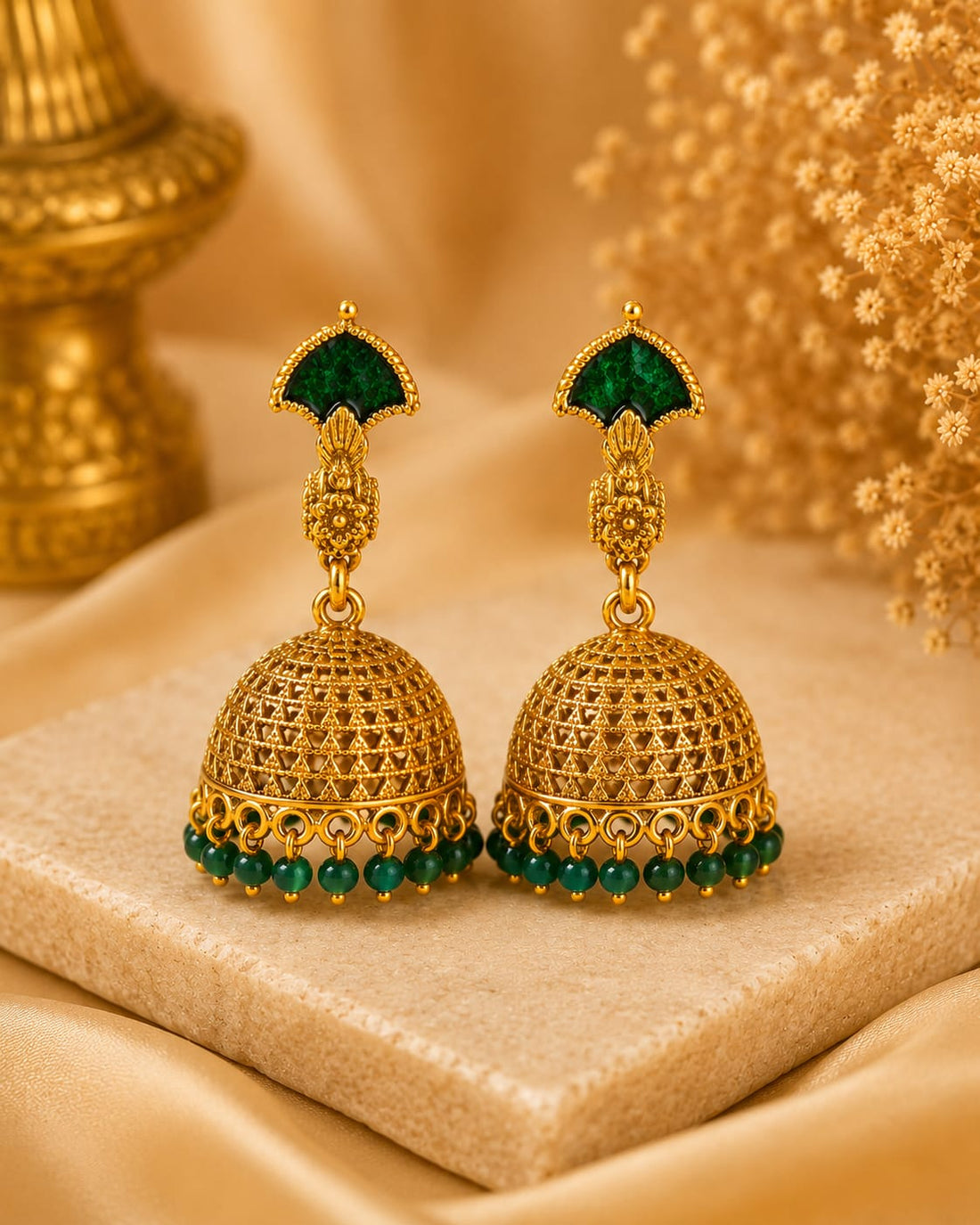 Antique Gold Fan Emerald Lattice Jhumka Earrings for Brides |  OL 222