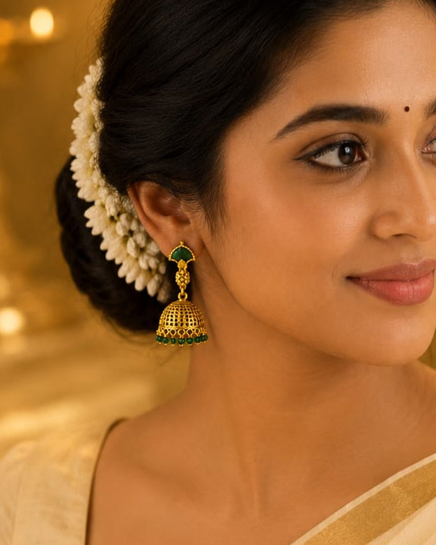 Antique Gold Fan Emerald Lattice Jhumka Earrings for Brides |  OL 222