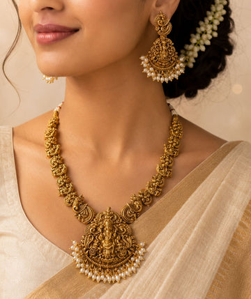 Antique Gold Lakshmi Long Necklace Set with Pearl Drops | OL153