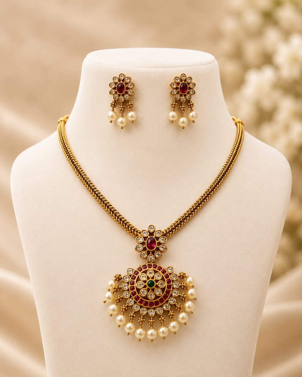 Antique Gold Ruby Kemp Polki Sunburst Pendant Necklace Set | OL 45