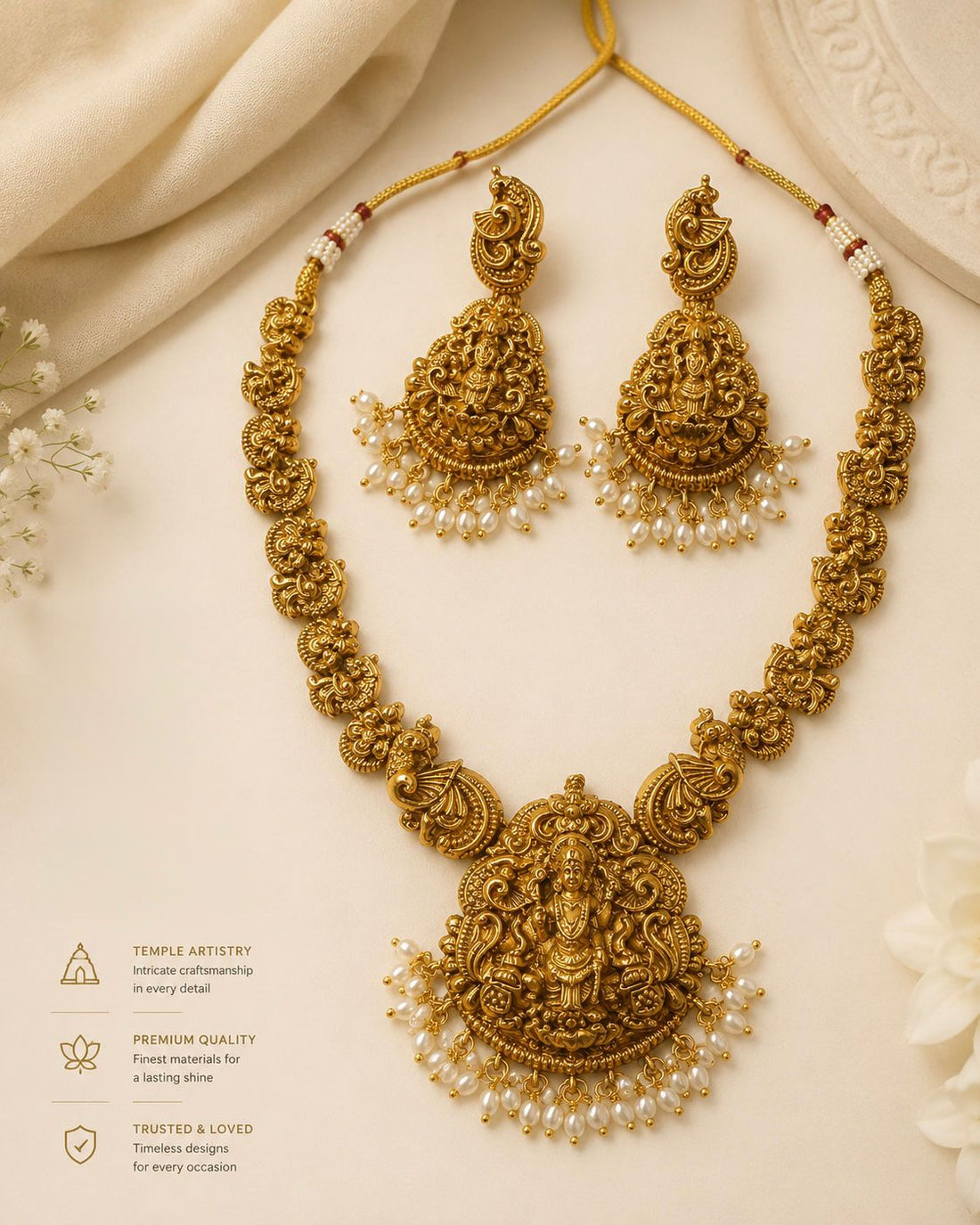 Antique Gold Lakshmi Long Necklace Set with Pearl Drops | OL153